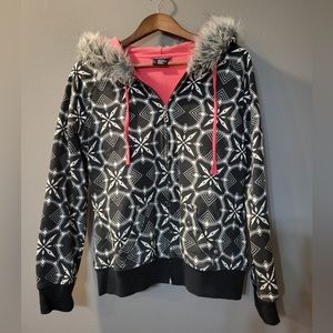 Empyre Womens Geometric Designed Jacket w/ Faux Fur Trimmed Hood | Size Large